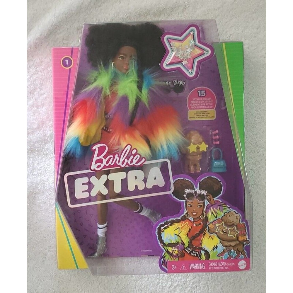 BARBIE EXTRA Shine Bright Star Doll #1 Rainbow Coat Pet Poodle Accessories New